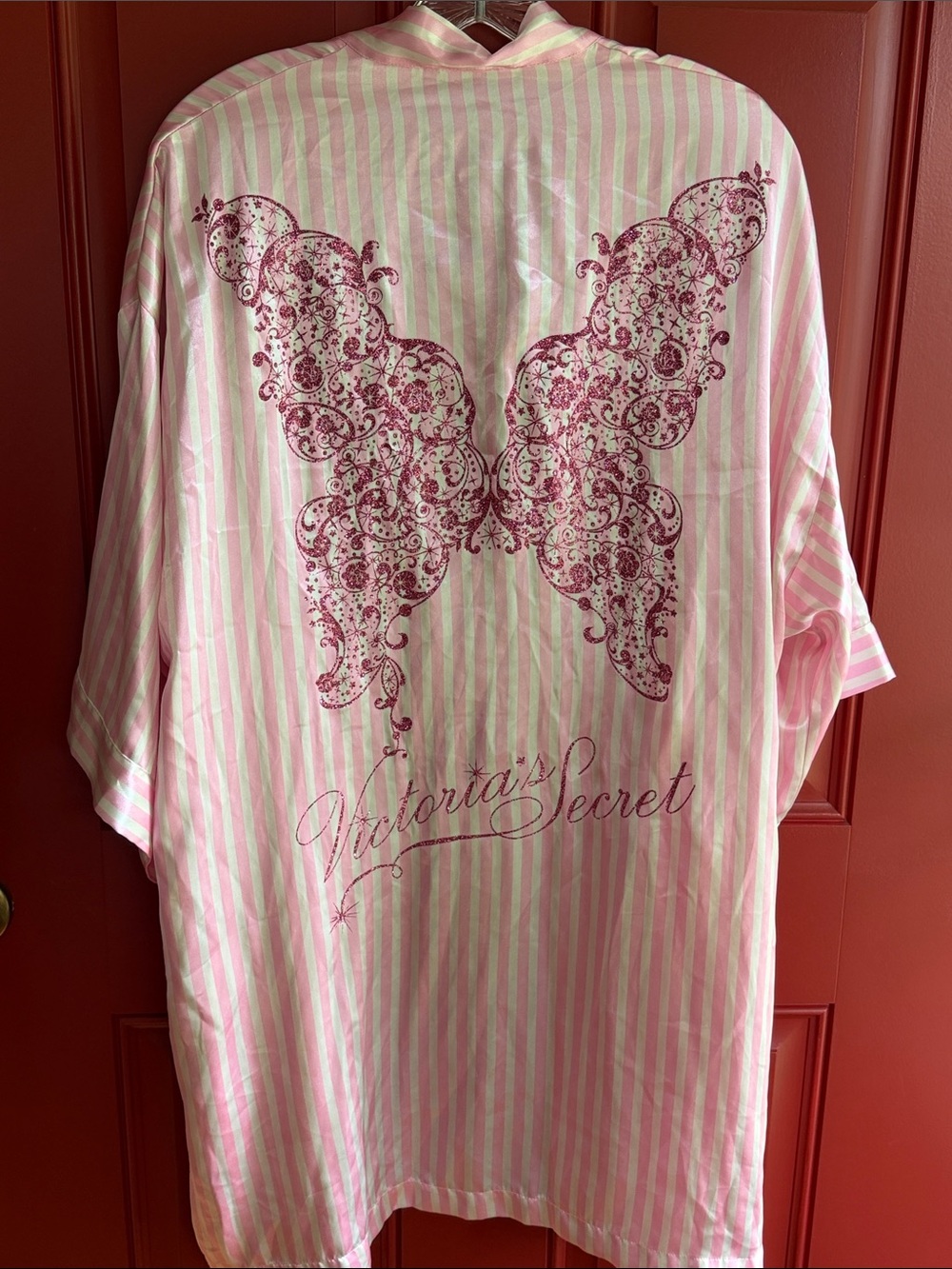 Victoria's Secret 2009 Pink and White Striped Satin Robe with Decorative Wings